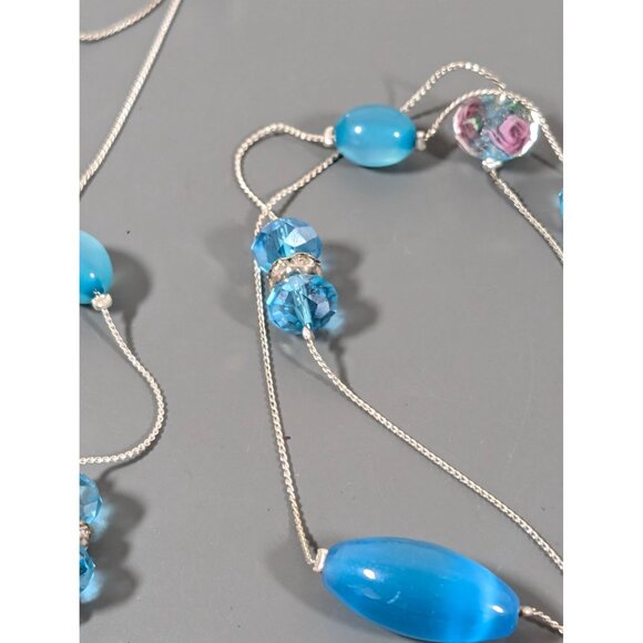 Croft & Barrow Blue Glass Cats Eye Pink Rose Flower Bead Multi Chain Necklace NE - Picture 5 of 11